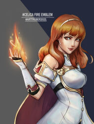 1girl absurdres armor breastplate breasts cape celica_(fire_emblem) choker covered_erect_nipples dress earrings fingerless_gloves fire fire_emblem fire_emblem_echoes:_shadows_of_valentia from_side gloves highres jewelry large_breasts long_hair looking_at_viewer magic nintendo orange_eyes orange_hair princess red_eyes red_hair shildraw solo tiara white_armor white_dress