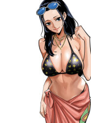 1girl absurdres bikini black_bikini black_hair blue_eyes breasts collar highres large_breasts nadainishi nico_robin one_piece simple_background skirt solo sunglasses swimsuit white_background
