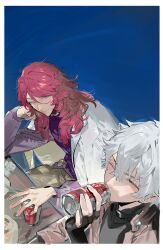Rule 34 | 2boys, blue background, can, closed eyes, drink can, drinking, fingerless gloves, gloves, grey hair, hair between eyes, highres, holding, holding can, jacket, long hair, long sleeves, male focus, multiple boys, original, purple eyes, purple shirt, qyzhiaiyisheng, red hair, shirt, short hair, simple background, sitting, smile, soda can, table