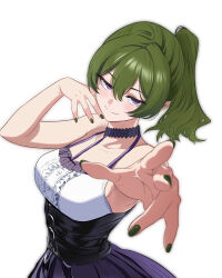 1girl absurdres blush green_nails highres jmx_(j_m_x) looking_at_viewer offering_hand purple_eyes side_ponytail simple_background smile solo sousou_no_frieren ubel_(sousou_no_frieren) white_background