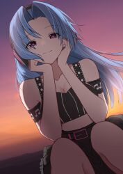 1girl 5pb_(neptunia) absurdres armlet black_skirt blue_hair breasts choujigen_game_neptune cleavage commentary crop_top english_commentary headphones highres horizon jewelry long_hair looking_at_viewer medium_breasts midriff navel neptune_(series) parted_bangs purple_eyes skirt solo xueli_shimazaki