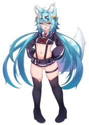 1girl 5danny1206 :d absurdres ahoge animal_ear_fluff animal_ears bell black_sailor_collar black_shoes black_skirt black_thighhighs blue_eyes blue_hair blue_tail blush boots breasts crop_top cropped_shirt fang fox_ears fox_girl fox_tail full_body gluteal_fold hair_bell hair_between_eyes hair_ornament hair_ribbon hairclip hands_on_own_hips high_heels highres jingle_bell long_hair long_sleeves looking_at_viewer low_twintails medium_breasts microskirt midriff miniskirt navel neckerchief necktie open_mouth panties pleated_skirt red_necktie ribbon rindo_(vrchat) sailor_collar school_uniform serafuku shirt shoes simple_background skin_fang skindentation skirt small_breasts smile solo standing stomach suspender_skirt suspenders tail thigh_boots thigh_strap thighhighs thighs twintails underboob underwear very_long_hair vrchat white_background white_panties