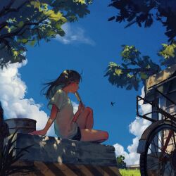 1girl amo_(amo_0514) arm_behind_back arm_support bare_legs bicycle black_hair black_shorts blue_hair blue_sky building chinese_commentary cloud colored_inner_hair commentary_request dappled_sunlight day drum_(container) eating floating_hair food from_below from_side full_body highres holding holding_food holding_popsicle knee_up long_hair looking_ahead multicolored_hair original outdoors popsicle profile shirt short_shorts short_sleeves shorts simple_bird sitting sky solo sunlight t-shirt tree tree_shade white_shirt