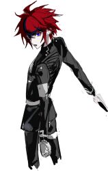 1boy ahoge armband binxngchng1 black_pants black_shirt blue_eyes blue_hair hair_between_eyes highres last_defense_academy_school_uniform long_sleeves looking_at_viewer male_focus messy_hair multicolored_eyes multicolored_hair open_mouth pants red_eyes red_hair shirt simple_background solo solo_focus standing streaked_hair sumino_takumi the_hundred_line_-last_defense_academy- white_background