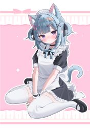 1girl absurdres animal_ear_fluff animal_ears apron between_legs black_choker black_shoes blue_hair blush bow cat_ears cat_girl cat_tail choker closed_mouth embarrassed frills full_body hair_bow hair_ornament hairclip hand_between_legs highres hiyayo25 indie_virtual_youtuber looking_at_viewer maid mandii mary_janes pink_background purple_eyes shoes short_sleeves sitting solo tail thighhighs two_side_up wariza white_apron white_thighhighs