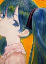 1girl blue_eyes blue_hair collar eyelashes frilled_collar frills hatsune_miku head_tilt highres long_hair looking_at_viewer marker_(medium) oil_painting_(medium) painting_(medium) simple_background solo svveetberry traditional_media twintails upper_body vocaloid yellow_background