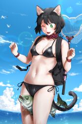 1girl animal animal_ears backpack bag bell between_legs bikini bird black_bikini black_hair blush breasts cat_ears cat_girl cat_tail collar collarbone detached_collar fang fingernails fish fisheye fishing fishing_gear fishing_net frilled_collar frills furrowed_brow green_eyes hands_up highres horizon ito_yoki looking_at_another looking_down medium_breasts medium_hair navel neck_bell net ocean one_eye_closed open_mouth original pale_skin parted_bangs seagull sharp_fingernails side-tie_bikini_bottom skindentation slit_pupils smile sparkle splashing standing stomach sunlight swimsuit tail water