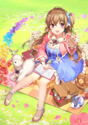 1girl :d animal bird black_bow black_bowtie blue_bow blue_dress book book_stack bow bowtie bread brown_hair brown_shoes country_lolita detached_collar dress female_focus flower food frilled_legwear frills fruit full_body grapes hair_bow high_heels jam jar lolita_fashion long_hair long_sleeves looking_at_viewer looking_up one_side_up open_mouth original pen petals picnic picnic_basket pink_flower purple_eyes rabbit rainbow_order sheep shoes sitting smile solo sparkle squirrel stella_chen_yui wide_sleeves