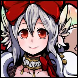 1girl bow closed_mouth commentary_request feathered_wings genetic_(ragnarok_online) green_eyes hair_between_eyes hair_bow head_wings looking_at_viewer lowres portrait ragnarok_iris ragnarok_online red_bow red_eyes short_hair smile solo upper_body vanilmirth_(ragnarok_online) wings