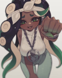 1girl bandana bare_shoulders blue_hair blue_pants blush bracelet breasts cephalopod_eyes chain chain_necklace clenched_hand commentary cropped_sweater dark-skinned_female dark_skin fang film_grain furrowed_brow gradient_hair green_eyes green_hair hand_on_own_knee highres horizontal_pupils jewelry large_breasts leaning_forward long_hair lower_teeth_only marina_(dj_hyperfresh)_(splatoon) marina_(splatoon) mole mole_under_mouth multicolored_hair necklace nintendo octoling open_mouth outstretched_arm pants parted_bangs prat_rat reaching reaching_towards_viewer sleeveless sleeveless_turtleneck solo splatoon_(series) splatoon_2 splatoon_2:_octo_expansion suction_cups sweater symbol-only_commentary teeth tentacle_hair thigh_gap turtleneck two-tone_hair very_long_hair white_bandana white_sweater