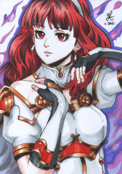 1girl armor aura breastplate cape celica_(fire_emblem) celica_(imprisoned_soul)_(fire_emblem) choker dark_aura dress earrings fingerless_gloves fire_emblem fire_emblem_echoes:_shadows_of_valentia fire_emblem_heroes gladysteoart gloves jewelry long_hair nintendo princess red_eyes red_hair tiara white_armor white_dress witch
