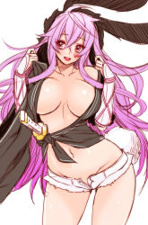 Rule 34 | 1girl, breasts, female focus, heart, highres, katana, large breasts, open fly, open mouth, pink eyes, pink hair, purple eyes, sengoku bushouki muramasa, sheath, sheathed, short shorts, shorts, simple background, solo, sword, thighs, toudou takatora (sengoku bushouki muramasa), weapon, white background, whoosaku