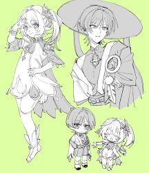 1boy 1girl anklet armlet armpit_crease arms_at_sides asymmetrical_sidelocks blush bow bracelet cape chibi choppy_bangs closed_eyes closed_mouth covered_collarbone cropped_torso cross-shaped_pupils detached_sleeves dress expressionless eyelashes facing_viewer feathers fingernails foot_up full_body furisode gem genshin_impact green_background hair_intakes half_crown_braid hand_on_own_hip hand_up happy hat highres japanese_clothes jewelry jingasa juban kimono layered_sleeves leg_warmers long_hair looking_at_viewer looking_to_the_side mandarin_collar nahida_(genshin_impact) no6_gnsn open_clothes open_hand open_kimono outstretched_arms pointy_ears pom_pom_(clothes) sandals sash scaramouche_(genshin_impact) short_sleeves shorts side_ponytail sidelocks single_off_shoulder smile socks spread_arms stirrup_footwear symbol-shaped_pupils tsurime vision_(genshin_impact) wanderer_(genshin_impact) wispy_bangs zouri
