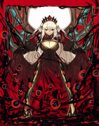 1girl absurdres annie_(annhoyyy) black_tiara blazing_cartesia_the_virtuous breasts cleavage cleavage_cutout closed_mouth clothes_lift clothing_cutout dragon_wings dress dress_lift duel_monster ecclesia_(yu-gi-oh!) hair_between_eyes half-closed_eyes highres large_breasts lifting_own_clothes long_dress long_hair long_sleeves looking_at_viewer pointy_ears red_dress red_eyes solo tiara white_hair wings yu-gi-oh!