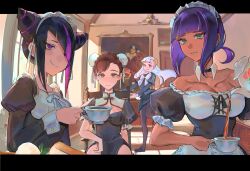 4girls absurdres alternate_costume black_hair brown_hair bun_cover capcom capcom_fighting_jam chair chinese_clothes chun-li cup dark-skinned_female dark_skin double_bun grey_hair hair_bun hair_horns hairpods han_juri highres ingrid_(capcom) looking_at_viewer maid maid_headdress menat multicolored_hair multiple_girls official_alternate_costume pouring purple_eyes purple_hair si_(sitisi_28) sitting smile streaked_hair street_fighter street_fighter_6 street_fighter_v teacup