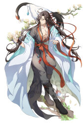 1boy absurdres artist_name bird bishounen black_boots black_robe boots branch brown_hair chinese_clothes closed_mouth collarbone commentary_request crane_(animal) dizi flower flute full_body hair_between_eyes hair_ribbon hand_up hanfu highres in_tree instrument jewelry long_hair long_sleeves looking_away looking_to_the_side male_focus modao_zushi muse_(rainforest) necklace open_clothes open_robe paper parted_bangs pectorals red_eyes red_ribbon ribbon robe sidelocks simple_background solo south_korean_flag tassel transverse_flute tree twitter_username very_long_hair watermark wei_wuxian wei_wuxian_(yiling_laozu) white_background white_flower white_robe wide_sleeves