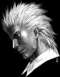 1boy dark_skin dark-skinned_male earrings facial_hair godot_(ace_attorney) greyscale ace_attorney phoenix_wright:_ace_attorney_-_trials_and_tribulations jewelry male_focus miteiya monochrome mullet profile realistic scar short_hair signature smile solo spoilers stubble