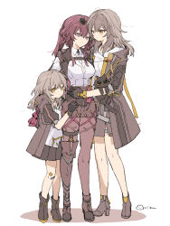 3girls aged_down animal animal_ears bandaid bandaid_on_knee bandaid_on_leg black-framed_eyewear black_boots black_cat black_choker black_coat black_gloves black_jacket black_skirt boots brown_shorts butterfly_pin buttons cat cat_ears cat_tail child choker closed_mouth coat collared_shirt dual_persona eyewear_on_head from_side full_body gloves grey_hair hair_between_eyes hand_around_waist hand_on_another&#039;s_back high-waist_shorts high_heel_boots high_heels high_ponytail highres holding holding_animal honkai:_star_rail honkai_(series) hood hooded_coat jacket kafka_(honkai:_star_rail) lapels long_sleeves looking_at_another miniskirt multiple_girls open_clothes open_coat open_jacket pantyhose pink_eyes pocket_watch ponytail puffy_long_sleeves puffy_short_sleeves puffy_sleeves purple_gloves purple_hair purple_pantyhose purple_pupils rizu033 round_eyewear shadow shirt short_sleeves shorts sidelocks signature simple_background skirt smile spider_web_print stelle_(honkai:_star_rail) sticker_on_leg sunglasses t-shirt tail tassel thigh_strap trailblazer_(honkai:_star_rail) watch white_background white_shirt yellow_eyes zipper