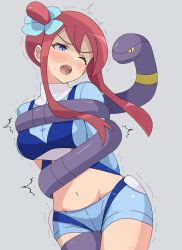 1girl ;o blue_eyes blue_jacket blue_shorts blush breasts commentary constriction crop_top ekans gen_1_pokemon grey_background hair_ornament highres jacket midriff navel nintendo one_eye_closed one_side_up open_mouth pokemon pokemon_(creature) pokemon_bw purin_(pepeperonn) red_hair revision short_shorts shorts sidelocks skyla_(pokemon) snake teeth tongue trembling upper_teeth_only
