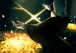 1other black_cloak cloak colored_skin dark_background facing_away flower grass light_rays maa_tc no_humans solo standing stigmata undertale w.d._gaster white_skin wide_sleeves yellow_flower