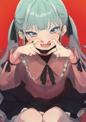 1girl :d aqua_hair black_ribbon black_skirt blue_eyes blush center_frills commentary_request ear_piercing facial_mark fangs fingernails four-finger_heart_hands frills hair_ribbon hatsune_miku heart heart_facial_mark heart_hands highres jewelry jirai_kei kiinakin looking_at_viewer mask mouth_mask multiple_rings nail_polish neck_ribbon open_mouth piercing pink_shirt red_background red_nails ribbon ring shirt skirt smile solo teeth tongue twintails upper_teeth_only vampire_(vocaloid) vocaloid