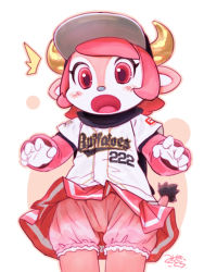 1girl :o ^^^ bad_id bad_pixiv_id baseball_jersey bloomers blush buffalo buffalo_bell clothes_writing female_focus furry furry_female gloves hat horns jersey long_sleeves mascot mizuki_kotora nippon_professional_baseball open_mouth orix_buffaloes pink_eyes pink_hair pink_theme red_eyes short_hair simple_background single_horn skirt solo tail underwear upskirt