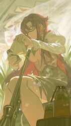 1girl absurdres dress glasses gun highres long_hair omurice_(304975636) red_hair rifle scope sniper_rifle solo tengen_toppa_gurren_lagann weapon yoko_littner