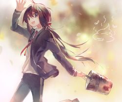 1boy alternate_costume artist_name bad_id bad_pixiv_id black_hair bucket bug fly bug long_hair male_focus namazuo_toushirou namie-kun open_mouth ponytail poop solo touken_ranbu waving
