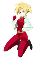 Rule 34 | 1girl, bad id, bad pixiv id, blue eyes, clenched hand, female focus, formal clothes, full body, gloves, highres, king (snk), long sleeves, ryuuko no ken, short hair, snk, solo, suit, the king of fighters, ucchii, very short hair, white background