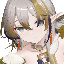 1girl :3 arknights bare_shoulders bead_necklace beads blush bowl closed_mouth collarbone dragon_girl dragon_horns earrings hair_between_eyes highres holding holding_bowl horns incoming_food jewelry looking_at_viewer necklace pointy_ears rice_bowl shu_(arknights) smile solo spoon tassel tassel_earrings traditional_media white_hair xxdwznt