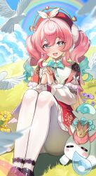 1girl absurdres aqua_eyes aqua_hair bird blurry blush blush_stickers cloud cloudy_sky commentary crown depth_of_field dress drill_hair gold_trim gradient_hair hair_between_eyes hair_intakes hat head_tilt highres honkai:_star_rail honkai_(series) hyacine_(honkai:_star_rail) knee_up knees_up little_ica_(honkai:_star_rail) long_hair looking_at_viewer mini_crown multicolored_hair open_mouth outdoors own_hands_together pantyhose pink_hair rainbow red_dress red_hat sitting sky smile suisen_(suisenhwa) symbol_in_eye twin_drills white_bird white_pantyhose yellow_pupils