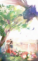 absurdres black_hair black_shoes blue_shirt blue_socks brown_hair closed_eyes commentary_request corviknight crossed_bangs day florian_(pokemon) furret gen_2_pokemon gen_4_pokemon gen_8_pokemon grass hair_between_eyes highres jacket kieran_(pokemon) leaf long_sleeves naranja_academy_school_uniform necktie nintendo one_eye_closed open_mouth outdoors pachirisu pants pokemon pokemon_(creature) pokemon_sv purple_hair red_necktie red_pants school_uniform shirt shoes sitting sleeping socks suspenders tree uzura_syouyu water waterfall white_jacket white_shirt white_shoes yaoi