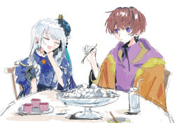 1boy 1girl brown_hair closed_eyes food fork gloves hat highres holding holding_fork hood inoue_shouma itsuka0501 kamen_rider kamen_rider_gavv_(series) liselle_jaldak lolita_fashion long_hair mini_hat open_mouth orange_brooch plate purple_eyes short_hair simple_background smile white_background white_hair