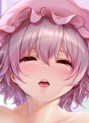 1girl absurdres close-up commission half-closed_eyes hat highres lips looking_at_viewer medium_hair mob_cap nironiro open_mouth petite pink_hat pixiv_commission purple_hair red_eyes remilia_scarlet touhou