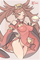 1girl ;p bare_shoulders blush bowl breasts brown_pubic_hair china_dress chinese_clothes clothing_aside commentary covered_erect_nipples cropped_legs detached_sleeves dress english_commentary female_pubic_hair flashing food fried_rice guilty_gear guilty_gear_xrd hair_ornament hair_rings hair_tubes hairclip holding holding_food impossible_clothes impossible_dress kuradoberi_jam large_breasts long_hair looking_at_viewer naughty_face no_bra no_panties one_eye_closed pelvic_curtain pelvic_curtain_aside pointy_breasts pubic_hair pussy red_dress solo standing thighs tongue tongue_out uncensored very_long_hair wide_sleeves x-t3al
