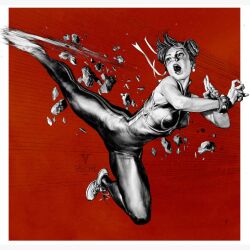 1girl bracelet capcom chun-li debris double_bun dynamic_pose earrings geirrod_van_dyke hair_bun high_kick highres jewelry kicking martial_arts motion_lines muscular muscular_female red_background shoes sneakers street_fighter traditional_media
