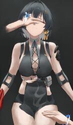 5girls bare_shoulders black_dress black_hair black_shorts breasts camellya_(wuthering_waves) carlotta_(wuthering_waves) cartethyia_(wuthering_waves) changli_(wuthering_waves) closed_eyes closed_mouth colored_inner_hair cowboy_shot cross-laced_clothes cross-laced_dress denare_(ysry2252) dress female_rover_(wuthering_waves) grey_background hair_ribbon highres large_breasts multicolored_hair multiple_girls pelvic_curtain ribbon rover_(wuthering_waves) shorekeeper_(wuthering_waves) shorts simple_background sleeveless sleeveless_dress solo_focus white_hair wuthering_waves yellow_ribbon