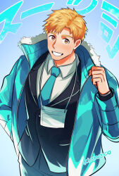 1boy akeuraji_tsukasa black_jacket blonde_hair blue_coat blue_necktie brown_eyes coat collared_shirt gradient_background grin highres jacket looking_at_viewer male_focus medalist_(manga) name_tag necktie open_clothes open_coat shirt short_hair smile solo sonikinme white_shirt