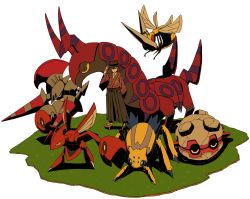 1boy bad_id bad_pixiv_id beedrill blue_eyes brown_hair creatures_(company) escavalier faux_figurine forretress galvantula game_freak gen_1_pokemon gen_2_pokemon gen_5_pokemon geta hakama hakama_skirt hat japanese_clothes male_focus nintendo pokemon pokemon_(creature) red_eyes scizor scolipede skirt yaza yellow_eyes
