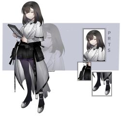 1girl arknights artist_name black_hairband black_skirt bow brown_hair closed_mouth coat concept_art dr.deims_(dim5s) footwear_bow full_body grey_bow grey_coat grey_pupils grey_shoes grey_sweater hairband highres holding initial lab_coat layered_sleeves long_sleeves looking_at_viewer medium_hair miniskirt multiple_views pantyhose priestess_(arknights) purple_eyes purple_pantyhose shoes short_over_long_sleeves short_sleeves skirt smile split_mouth standing sweater turtleneck turtleneck_sweater twitter_username