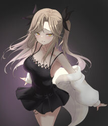 1girl ahri_(league_of_legends) bare_shoulders black_background black_bow black_dress blush bow breasts brown_hair cleavage commission djmax djmax_respect dress eikawa_suru highres jacket large_breasts long_hair long_sleeves looking_at_viewer pixiv_commission simple_background smile solo twintails white_jacket yellow_eyes