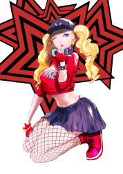 1girl absurdres baseball_cap black_skirt blonde_hair blue_eyes blue_nails bracelet breasts cropped_sweater earrings fishnet_pantyhose fishnets full_body gloves gold_bracelet hat headphones headphones_around_neck highres hoop_earrings jewelry kneeling large_breasts long_hair midriff miniskirt one_eye_closed pantyhose parted_lips persona persona_5:_dancing_star_night persona_dancing red_gloves red_lips red_shoes shoes skirt solo spiked_bracelet spikes stomach takamaki_anne twintails wavy_hair yuu_(primenumber7)