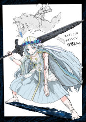 1boy 1girl afterimage animal armor artorias_the_abysswalker barefoot black_border blue_border blue_cape blue_eyes border braid cape colored_eyelashes commentary_request company_connection cracked_skin crossover dark_souls_(series) dark_souls_i doll_joints dress earrings elden_ring elden_ring_nightreign flower_wreath great_grey_wolf_sif greatsword head_wreath highres holding holding_weapon hoop_earrings jewelry joints looking_at_viewer low_twin_braids miya_zirou motion_lines necklace over_shoulder oversized_animal pale_skin parody revenant_(elden_ring) riding riding_animal scene_reference simple_background single_bare_arm sword sword_over_shoulder translation_request twin_braids veil waving weapon weapon_over_shoulder white_background white_dress white_eyelashes white_hair white_veil wolf wrist_wrap