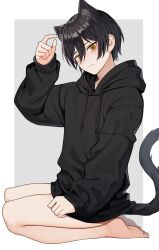 1boy absurdres agamemega animal_ears barefoot black_hair black_hoodie blush border cat_boy cat_ears cat_tail drawstring feet grey_background hair_between_eyes highres hood hoodie kogane-kun_(agamemega) legs long_sleeves looking_at_viewer male_focus mole mole_under_eye mole_under_mouth nervous no_pants original outside_border seiza shadow short_hair simple_background sitting soles solo tail thighs toes white_border yellow_eyes