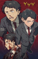 1boy abstract_background bags_under_eyes black_hair black_jacket black_pants blood blood_on_clothes blood_on_face cigarette closed_mouth gegege_no_kitarou highres jacket kiri_futoshi kitarou_tanjou:_gegege_no_nazo looking_at_viewer male_focus mizuki_(gegege_no_kitarou) multiple_views necktie nosebleed open_mouth pants red_necktie scar scar_across_eye scar_on_face short_hair smoking sweatdrop teeth translation_request