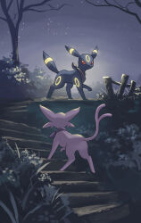 Rule 34 | all fours, bandana, bandana around neck, black bandana, black fur, body fur, commentary request, espeon, evolutionary line, gen 2 pokemon, glowing, highres, night, nintendo, no humans, outdoors, pokemon, pokemon (creature), pokemon mystery dungeon, purple bandana, purple fur, stairs, umbreon, yamaori (hakkentai pokedan), yellow fur
