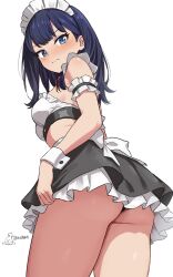 1girl alternate_costume arm_strap ass black_hair black_panties black_skirt blue_eyes blush bow breasts closed_mouth crop_top enmaided frills gridman_universe highres ikachan_(norach57) long_hair looking_at_viewer maid maid_headdress midriff miniskirt panties pantyshot simple_background skirt small_breasts solo ssss.gridman takarada_rikka underwear v-shaped_eyebrows waist_bow white_background