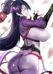 1girl absurdres armor ass back black_gloves blush bodysuit breasts covered_erect_nipples elbow_gloves fate/grand_order fate_(series) fingerless_gloves gloves highres japanese_armor jikihatiman kote large_breasts long_hair looking_at_viewer looking_back minamoto_no_raikou_(fate) parted_bangs pelvic_curtain purple_bodysuit purple_eyes purple_hair revision ribbed_sleeves rope solo very_long_hair