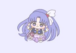 Rule 34 | 1girl, absurdly long hair, asymmetrical skirt, black vest, boots, bow, brooch, chibi, closed mouth, collared vest, cure fortune, dot nose, earrings, eyelashes, footwear bow, frilled arm warmers, frilled vest, frills, hair bow, hair ornament, happinesscharge precure!, happy, heart, heart brooch, heart hair ornament, high ponytail, hikawa iona, ichigo usuhana, jewelry, knee boots, lapels, long hair, long skirt, looking at viewer, magical girl, neckerchief, outstretched arms, parted bangs, peaked lapels, ponytail, precure, purple background, purple bow, purple eyes, purple hair, purple neckerchief, purple skirt, shirt, short sleeves, sidelocks, simple background, skirt, smile, solo, star (symbol), star earrings, tareme, very long hair, vest, waist bag, white arm warmers, white bag, white boots, white bow, white shirt