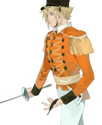 Rule 34 | 1boy, black feathers, black hat, blonde hair, blue eyes, cloud strife, epaulettes, feathers, final fantasy, final fantasy vii, foil (fencing), hat, highres, holding, holding feather, holding sword, holding weapon, jacket, looking to the side, male focus, military hat, military uniform, nutcracker, orange jacket, pants, short hair, simple background, sleeve cuffs, solo, sword, upper body, weapon, white background, white pants, xscr1205